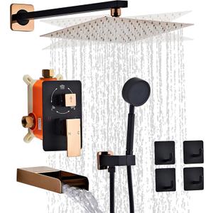 Black Gold Shower Tub Faucet Set, Wall Mounted 10 Inch Shower Heads with Handheld Spray Combo and Tub Shower Faucet, Luxury Bathroom Square Rain Shower System - 4 Hooks Black Gold Shower Tub Faucet Set, Wall Mounted 10 Inch Shower Heads with Handheld Spray Combo and Tub Shower Faucet, Luxury Bathroom Square Rain Shower System - 4 Hooks