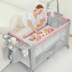 BabyBond Baby Bassinet Bedside Crib, Pack and Play with Sheet, Diaper Changing Table and Music Mobile from Newborn to Toddles, Portable Large Playard (Pink)