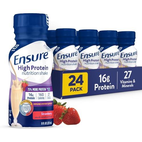 Ensure High Protein Strawberry Nutrition Shake, Ready to Drink, 16g Protein and 27 Vitamins and Minerals, 8 fl oz, 24 Pack, Use BY 1 MAY 2027