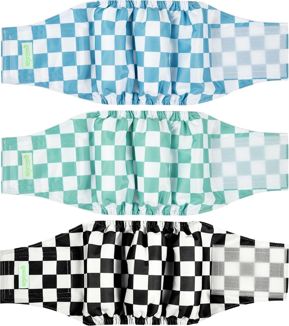 wegreeco Washable Male Dog Belly Band (Stylish Pattern)- Pack of 3 - Washable Male Dog Belly Wrap, Dog Diapers Male (Blue, Green, Black Checkerboard, Large)