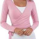 Women Ballet Pilates Wrap Tops Long Sleeve Tie Front Crop Shirts Y2K Dance Workout Yoga Going Out Tops (Pink, M)