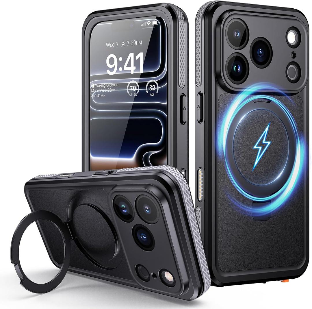 Lanhiem Magnetic for iPhone 17 Pro Waterproof Case, Dustproof Case Built-in Screen Protector, [Fit for MagSafe] [Invisible Stand] Shockproof Heavy Duty Underwater Case for iPhone 17 Pro (Black)
