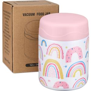 wiwens 12oz Soup Thermo for Hot Food Kids Insulated Food Jar Wide Mouth Lunch Container Leak Proof Stainless Steel Vacuum Bento Box for School Office Travel Outdoors White-Rainbow