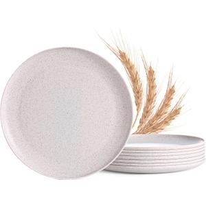MISS BIG 10 inches Wheat Straw Plates,Plastic Plates Reusable Set of 8,Dinner Plates for Kids&Adults,Dishwasher & Microwave Safe,Eco-Friendly,BPA Free(Wheat White)