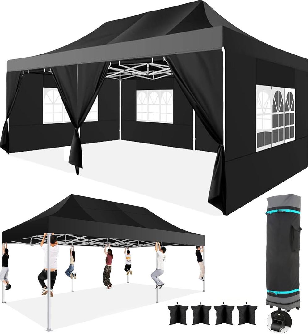 COBIZI Pop up Canopy Tent 13x26 Heavy Duty Gazebo with 6 Sidewalls, UPF 50+ All Weather Waterproof Commercial Outdoor Wedding Party Tents Large Canopy with Roller Bag, Black