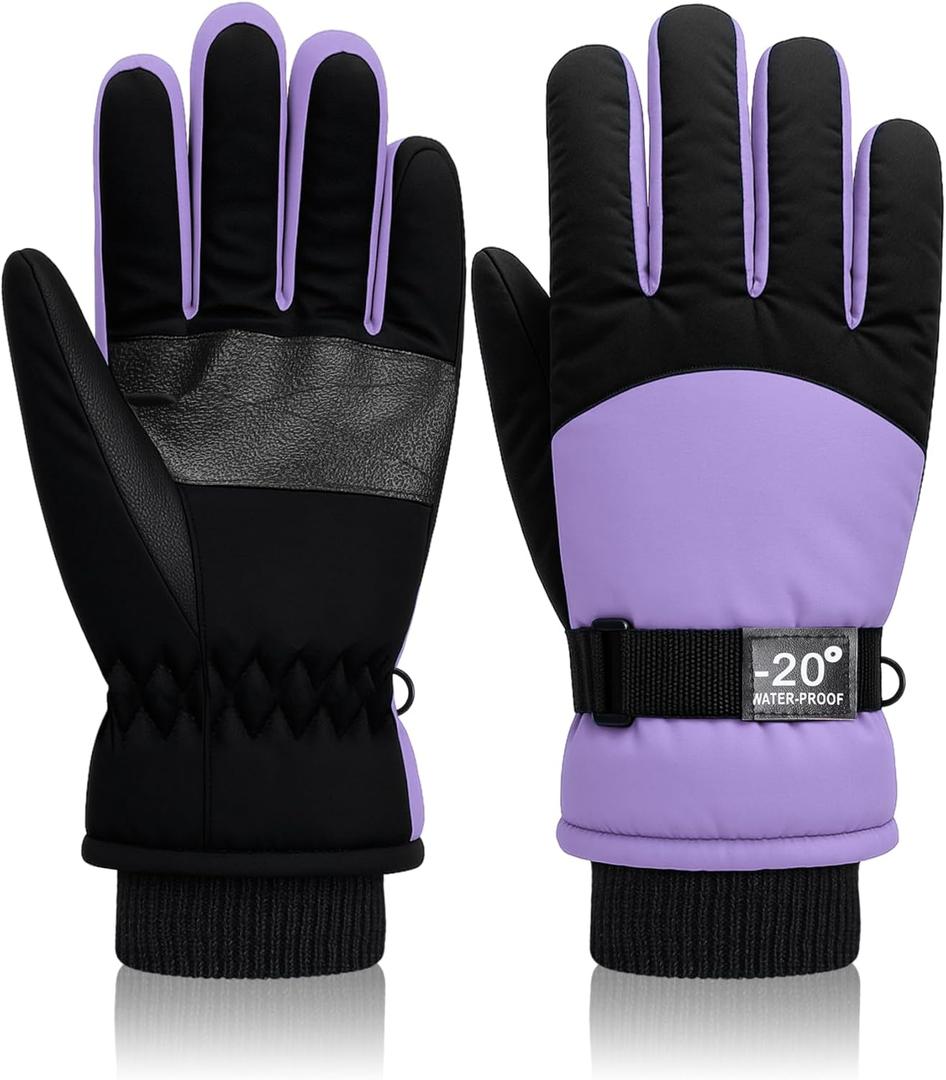 Geyoga Kids Waterproof Winter Snow Ski Gloves for Boy Girl Outdoor Warm Thickening Snowboard Gloves (8-12 Years, Light Purple)