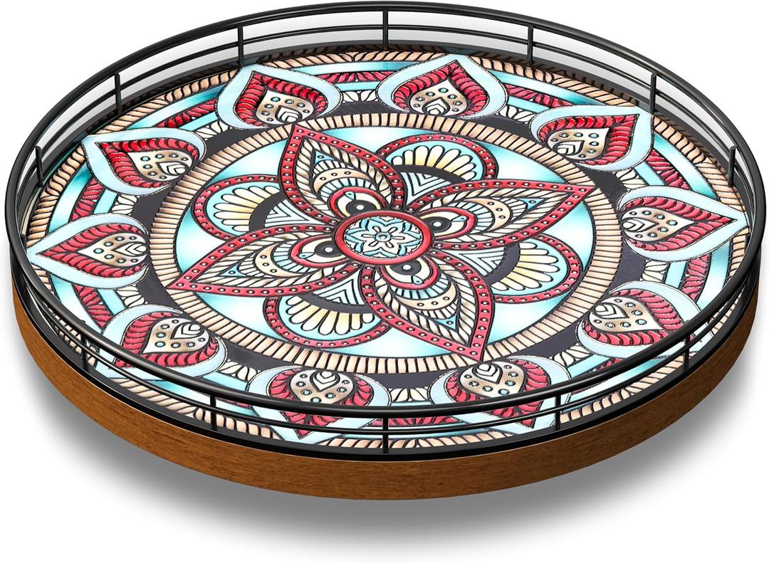 Oak Bohemia Lazy Susan 10.2" Turntable Organizer for Table Top with Ceramic 3D Boho Texture, Round Wooden Lazy Susan for Dining Table Decor, Kitchen, Countertop, Home Decor, Walnut Wood, Farmhouse