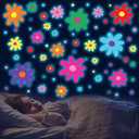 Glow in The Dark Big Daisy Wall DecalsGlowing Luminous Daisy Wall Stickers Colorful Removable self-Adhesive Boho Flower Decals for Girls Bedroom Kids Baby Nursery Living Room Decor