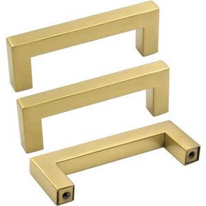 goldenwarm Brushed Brass Cabinet Handles Drawer Pulls and Knobs 5 Pack - LSJ12GD76 Stainless Steel 3 in Bar Handle Knob Pull Fine-Brushed Satin Gold Furniture Hardware (3in hole centers)