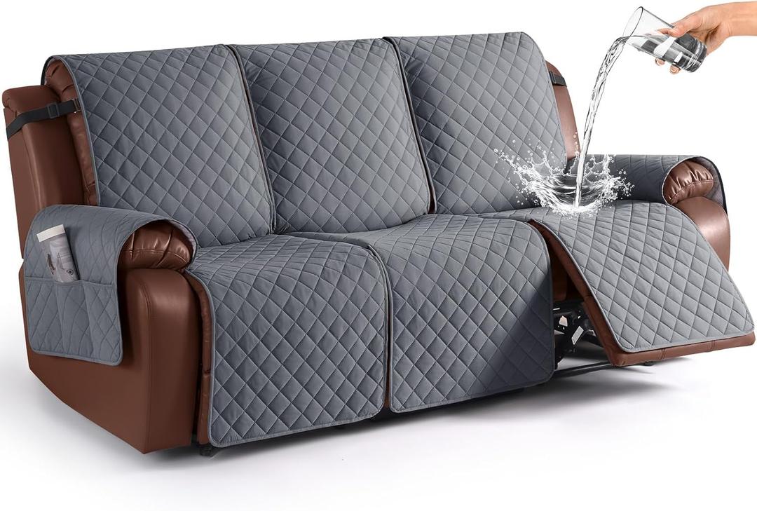 KinCam Waterproof Recliner Sofa Cover, Non-Slip Reclining Couch Covers for 3 Seat, Recliner Couch Cover Furniture Protector with Elastic Straps for Pets, Kids, Dark Gray