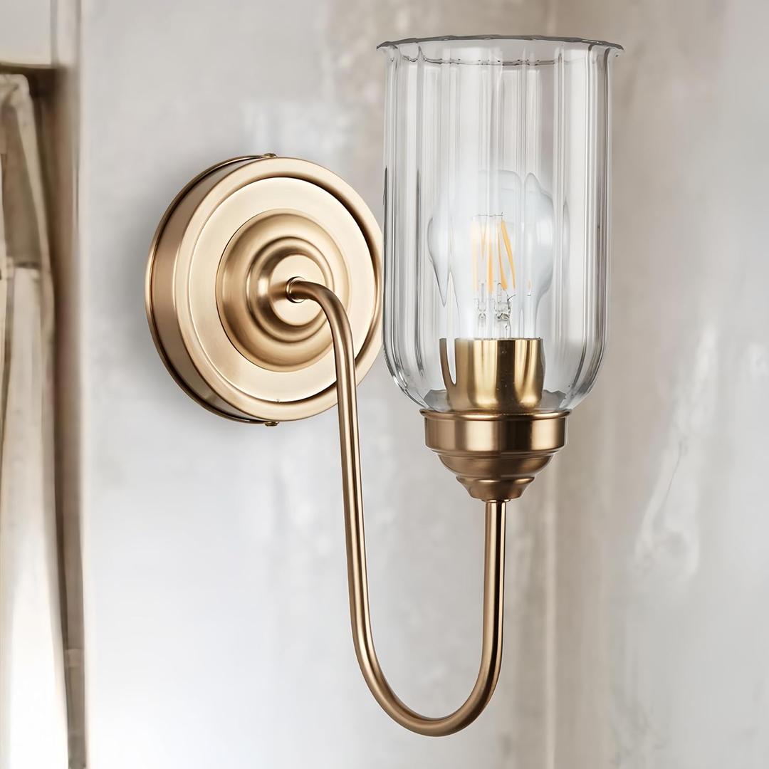 Antique Gooseneck Brass Sconce with Clear Fluted Glass, Gold Wall Mounted Lamp Beside Mirror, Wet-Rated Wall Light for Bathroom, Stairs, Kitchen, Hallway, Fireplace (E26 Base)