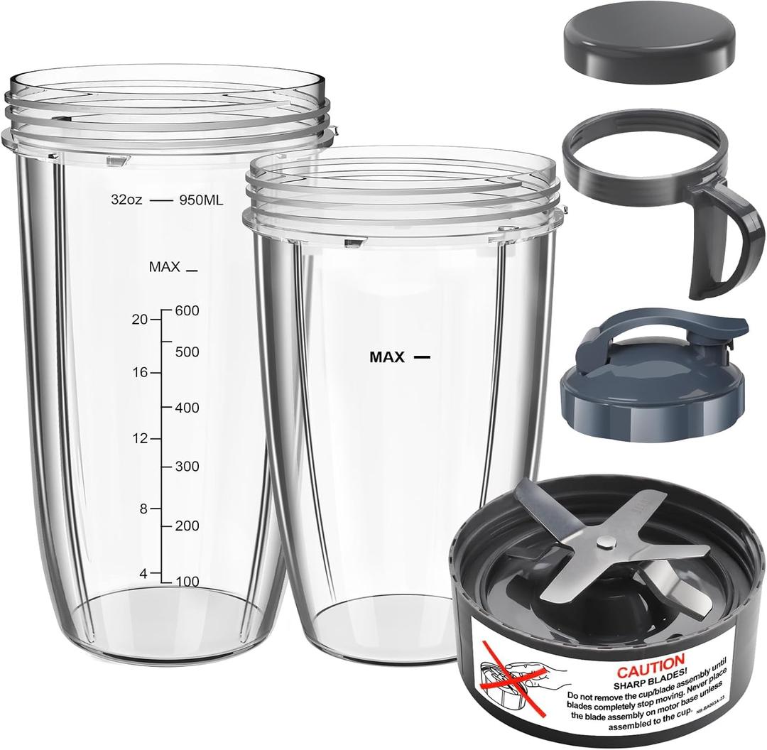Nutribullet Blender Cups & Blade Replacement Set, 32oz & 24oz Nutribullet cups with Lid To-Go Lid and Lip Ring, Replacement Cups for Nutri Bullet Blenders 600w & Pro 900w Accessories 6 PCS