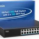 16 Port 2.5G PoE Switch Unmanaged with 2X 10Gbps SFP, VIMIN 16x 2.5G Base-T PoE Ports, 10G SFP PoE Switch w/ 120Gbps Ethernet Switching Capacity, IEEE802.3af/at, 250W, VLAN, Metal Housing, Fanless