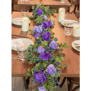 6FT Eucalyptus Garland with 10 Purple Roses and Baby Breath Artificial Flower Greenery Garland for Table Centerpiece Party Wedding Decorations Indoor Outdoor Wall Backdrop Decor