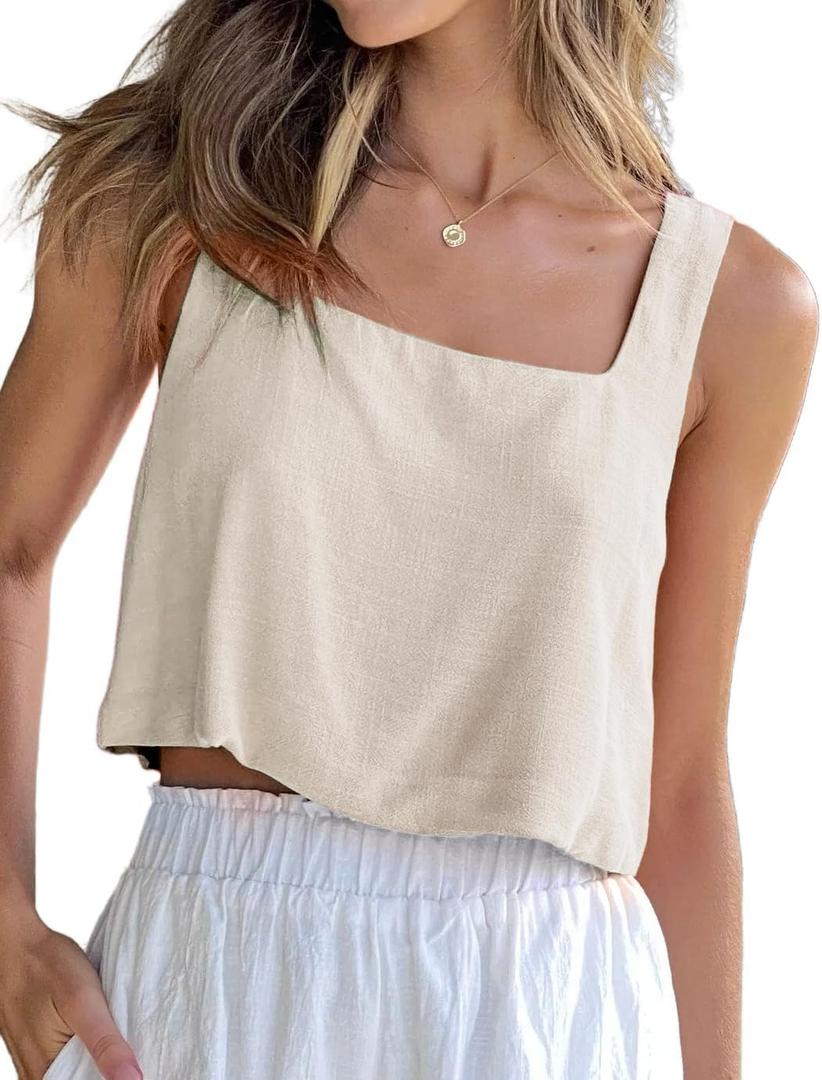 IDEALSANXUN Linen Crop Tank Tops for Women Summer Sleeveless Casual Cute Square Neck Tank Tops (M)