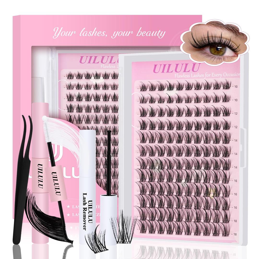 Natural Lash Clusters Kit with Spikes 10-18mm Mix D Curl DIY Extension Eye Natural Lashes False Wispy EyeLash Cluster with Bond & Seal, Glue Remover, Tweezers (U27 Lash Kit)
