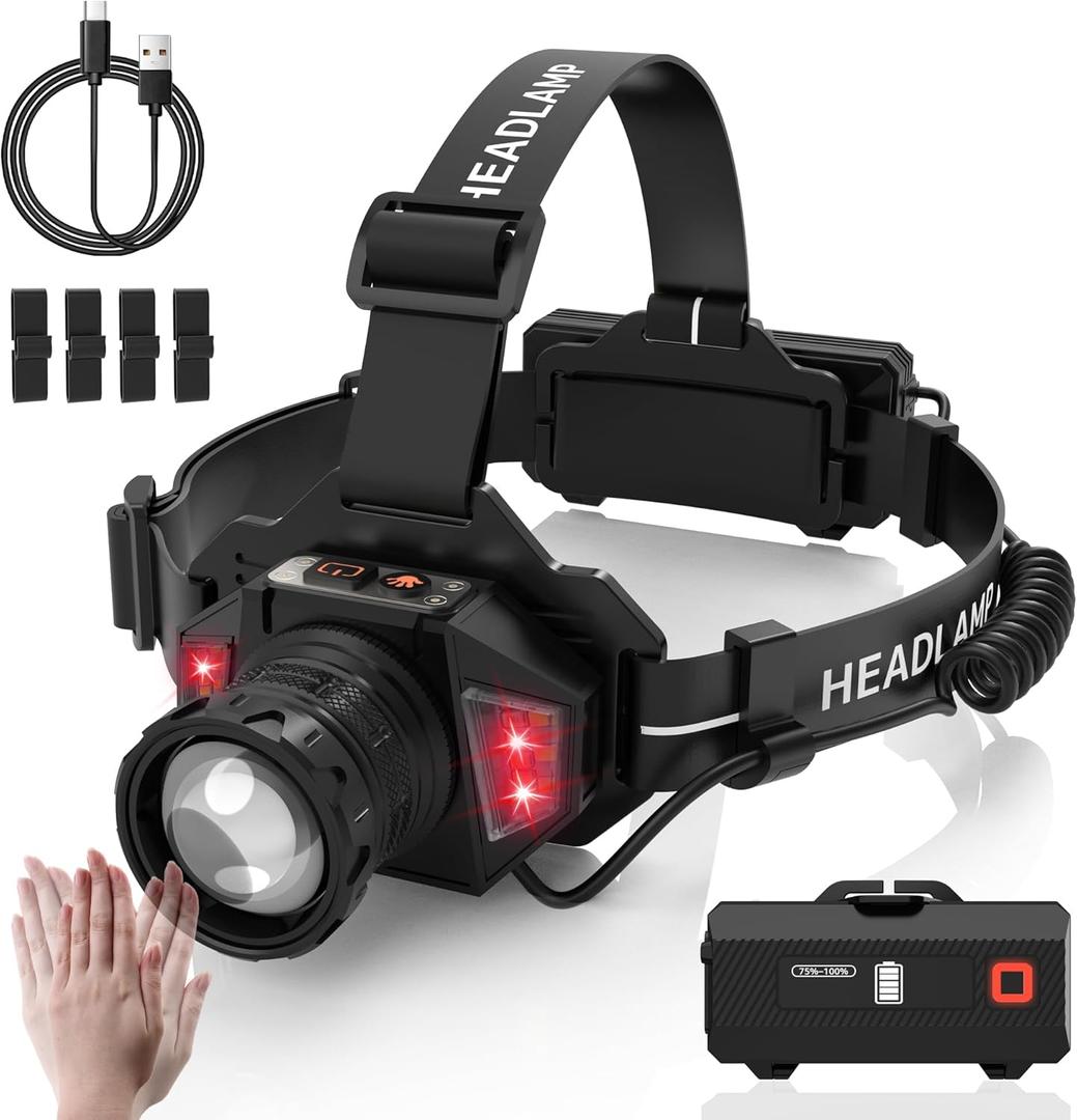 20Modes Headlamp Rechargeable with Zoom&Red Side Light,4000LM Headlight with Motion Sensor 3Color Lights, IP65 Waterproof 90° Adjustable Hiking Fishing Camping Emergency Hard Hat Headlamp