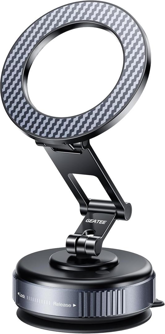 Compatible MagSafe Car Mount - GEATEE Vacuum Magnetic Phone Holder for Car, 360 Adjustable Foldable Car Dash Mount, Reinforced 110+LBS Suction Phone Mount for iPhone 17/16/15/14/13/12&Android, Carbon