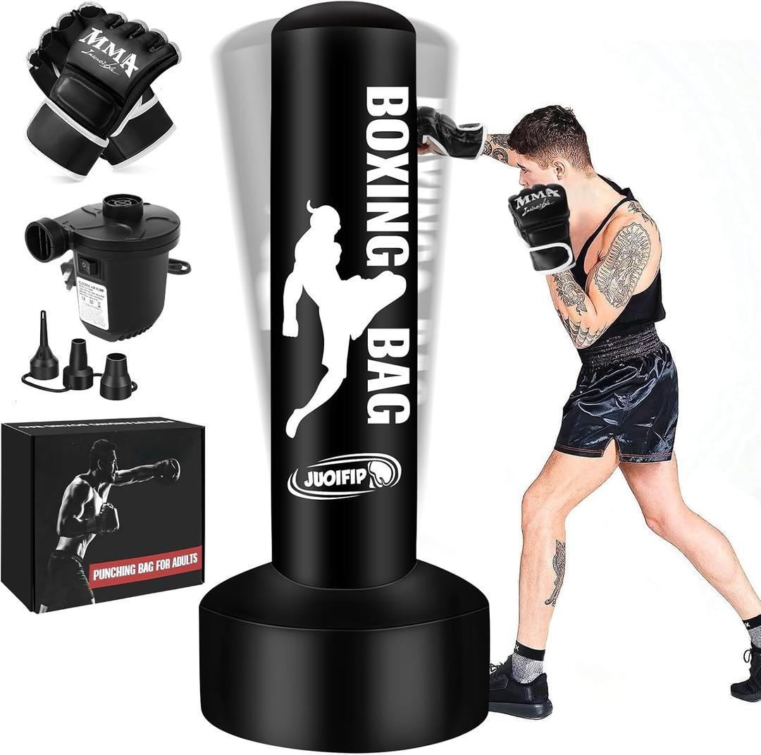 Standing Punching Bag for Adults with Pump and Gloves, 69'' Kick Boxing Bag with Stand Inflatable Freestanding Heavy Bag Kicking Bag for Training MMA Muay Thai Fitness