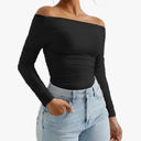 OMKAGI Women Long Sleeve Tops Sexy Off Shoulder Shirts Fitted Going Out Y2K Crop Top (L)