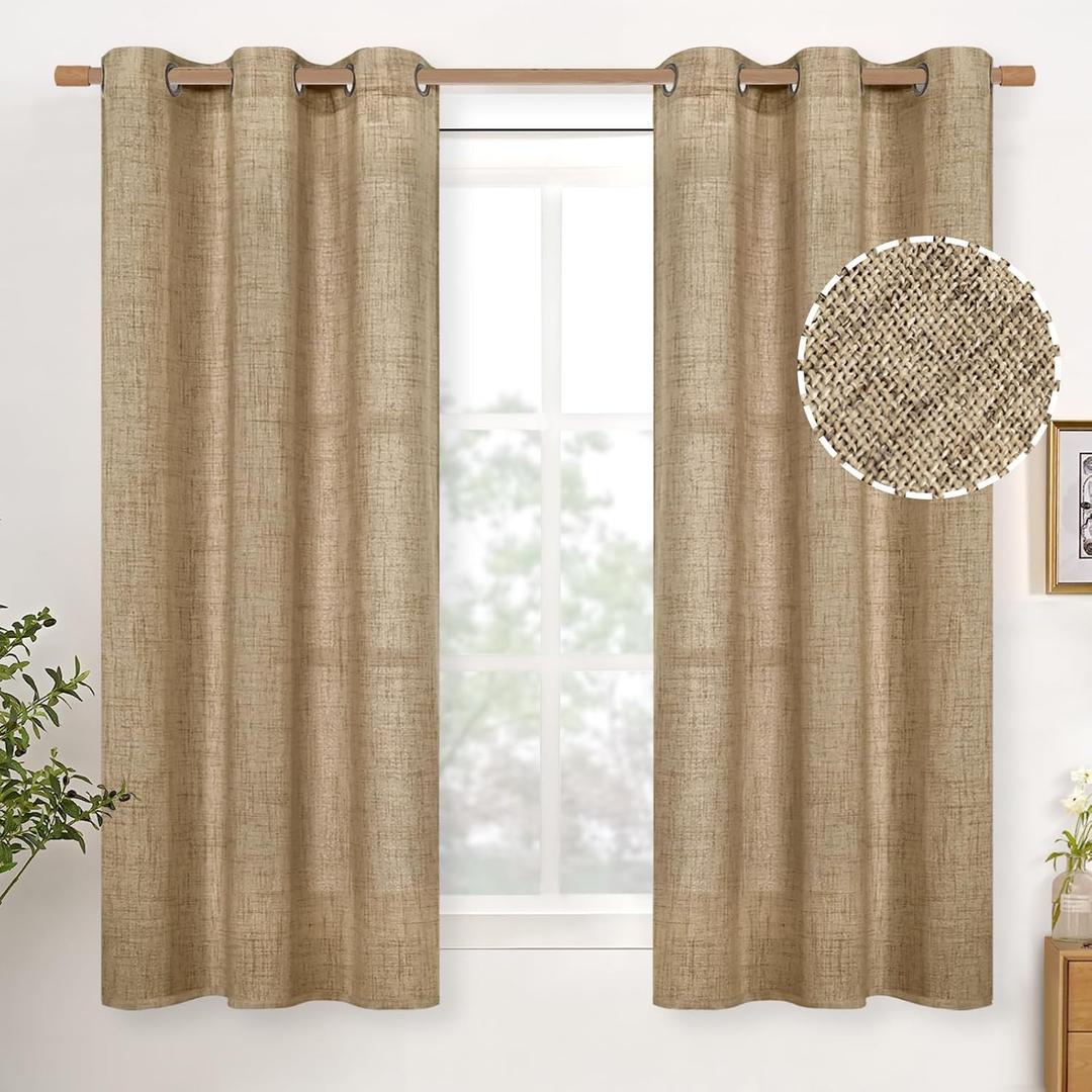 YoungsTex Burlap Linen Curtains 48 Inch Length for Short Window, Toffee Semi Sheer Drapes with Bronze Grommet Light Filtering for Kitchen Cafe Bathroom Bedroom, 2 Panels, 42 X 48 Inch