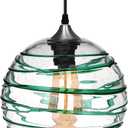 ARIAMOTION Pendant Lights Kitchen Island Glass Coastal Lighting Green Stripe Seeded Modern Style Light Fixtures Beach House Dinning Room Table Hand Blown Art Globe Lamp 9 Inch Diameter