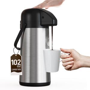 Airpot Coffee Carafe for Keeping Hot - 102 OZ/ 3L Large Coffee Dispenser with Pump - Insulated Stainless Steel Thermos for Hot Drinks Water Tea Chocolate - Thermal Urn Beverage Dispenser for Parties