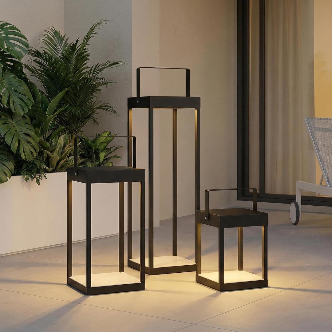 Set of 3 Modern Black Metal Lanterns Lights Battery Powered Floor Lamp, 21.6"/11.7"/6.5" H, Indoor/Outdoor, 3000K with 6H Timer, for Patio Porch Fireplace Wedding Holiday Decor, Battery Not Included