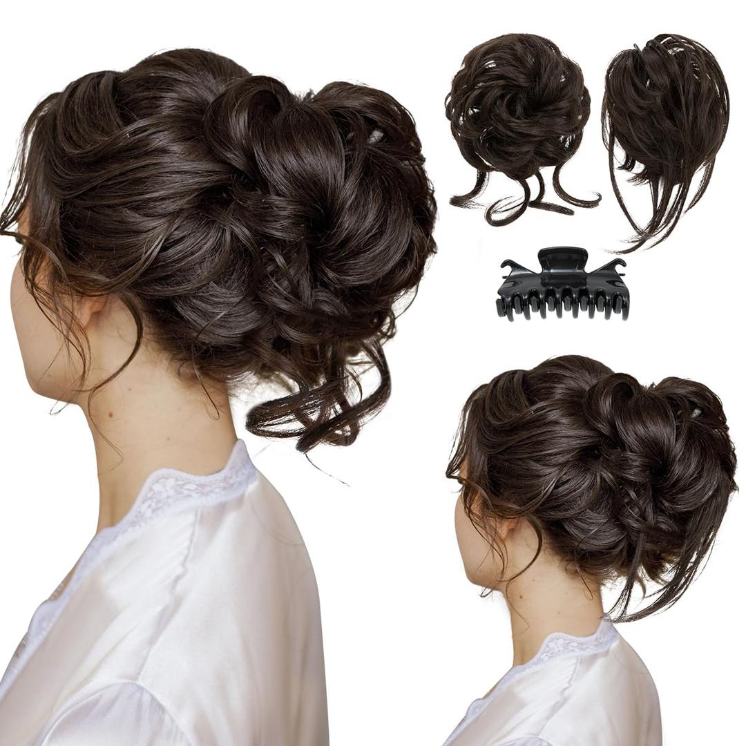 SARLA 2PCS Dark Brown Messy Bun Hair Pieces for Women Detachable Claw Clip Wavy Curly Synthetic Hairpieces for Updos with Tendrils Fake Scrunchies Ponytail Extension