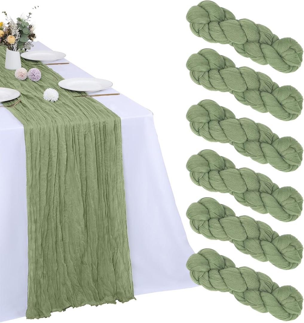 6 Pack Sage Green Cheesecloth Table Runner 10FT Cheese Cloth Boho Gauze Fabric Table Runner 35 x 120 Inch Rustic Sheer for Spring Holiday Wedding Baby Shower Party Decoration