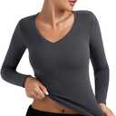PINKMSTYLE Women's Long Sleeve V Neck Fitted Thermal Top Basics Thermal Tops Slim Fitted Y2K Base Layer Clothes Dark Grey X-Small