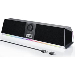 SOULION R80 Bluetooth Computer Speakers, USB Plug & Play PC Speakers with Digital Clock Display, Clear Sound Soundbar with Colorful LED Lights for Desktop Monitor Laptop (USB Adapter Included) (Black)