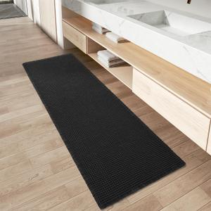 AMOAMI Upgraded Waffle Runner Rug Super Absorbent Non Slip Bath Mats for Bathroom Machine Washable Bathroom Runner Rug with Tassels, Ideal for Hallway Bedroom Laundry Room, Black, 17" x 48"
