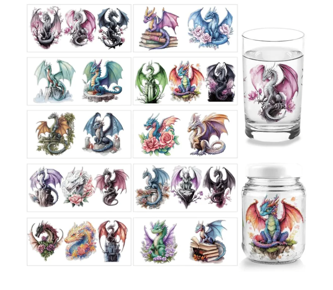 arricraft 10 Pcs Dragon UV DTF Cup Wrap Transfer Sticker, 10 Styles Flying Animal Transfer Paper Rub on Stickers PVC Cup Wrap Waterproof Rub Decals for Desk Cup Glass 24x11cm/9.4x4.3inch