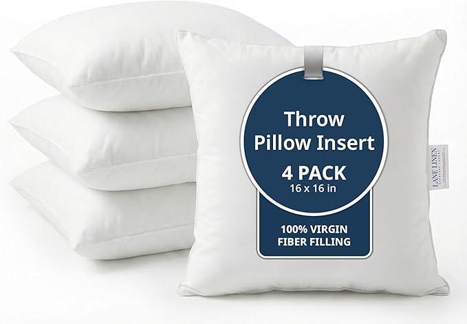 LANE LINEN 16x16 Throw Pillow Insert - Set of 4 White Inserts for Decorative Pillow Covers for Bed, Decorative Pillows for Bed, Couch Pillows, Throw Pillows for Couch
 16" x 16"