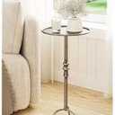 Brass Distressed Iron Round Pedestal End Table, 25 Inch Vintage Martini Cocktail Accent Table with Tray Top for Living Room, Bedroom 