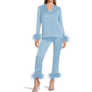 Women's Silk Satin Pajama Set Feather Trim Bridal Long Sleeve Pocketed Lounge Sets Sleepwear (Large, Blue)