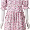 Christmas Pink Floral Dress Costume Women's Cosplay Party Lady Outfit Classical Movies Short Sleeve Fancy Dress Suit (XL)