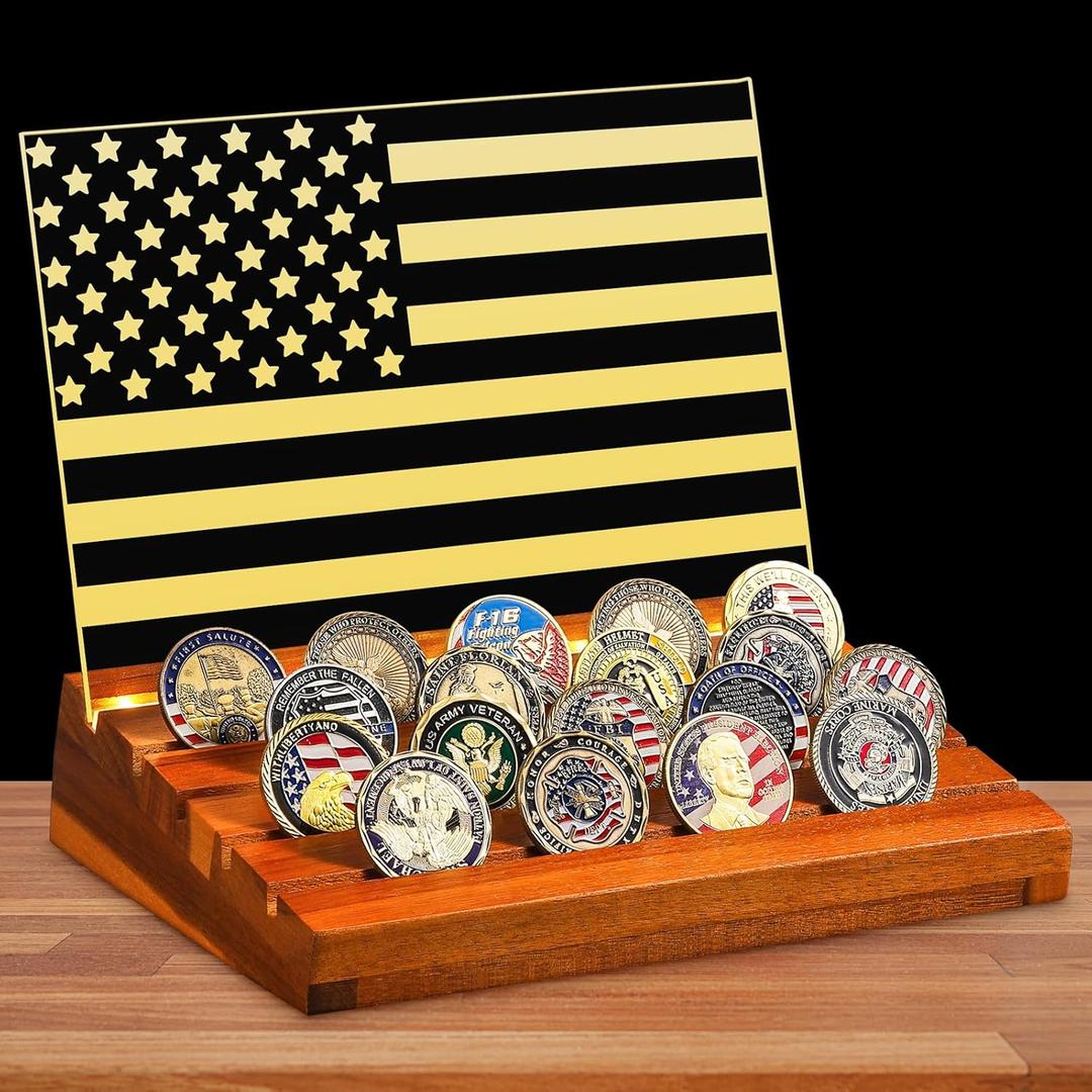 Wonderjune Light up Challenge Coin Display Military Coin Holder with Warm Color Light Stand Case American Flag Rack Display Military, 4 Row Wooden Stand Rack, Gift for Army, Him, Father Christmas
