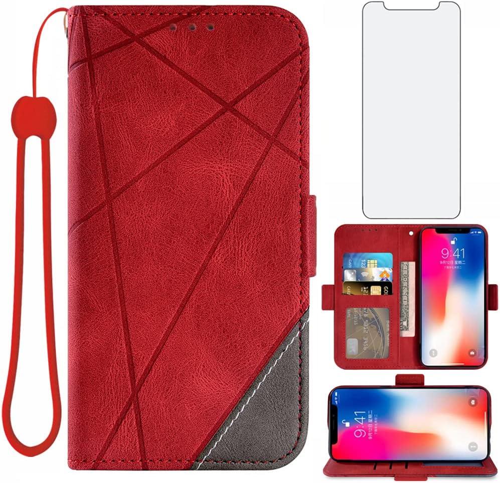 Compatible with iPhone Xs X 10 10s Wallet Case and Tempered Glass Screen Protector Leather Flip Cover Credit Card Holder Cell Phone Cases for iPhoneX iPhoneXs iPhone10 i PhoneX SX 10x 10xs Xs Red