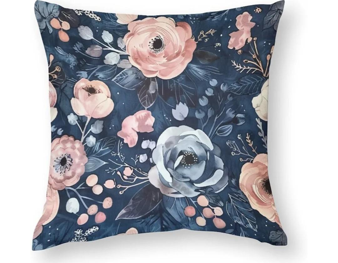 Decor Pillows 16"x16" Navy Blue Blush Pink Floral Satin Modern Cushion Case Watercolor Flower Throw Pillow Cover Square Zippered Pillow Case Farmhouse Rustic Cushion Case for Sofa Couch