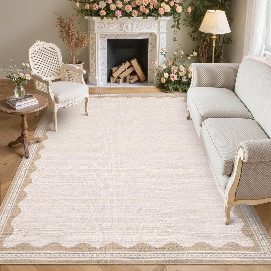 GarveeHome Scalloped Beige Washable Area Rug 6x9 Rugs for Living Room Soft Low-Pile Solid Modern Minimalism Thin Carpet for Bedroom Dining Nursery Non Slip