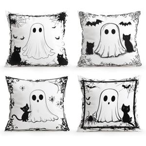 OBSEDE Fall Pillow Covers 18x18 Set of 4, Black Cat Cute Ghost Harvest Cushion Cases Inserts for Sofa Couch Bed Home Decor Thanksgiving Farmhouse Decorations, Single-Sided Print