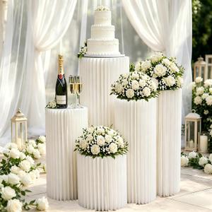 Cylinder Stands for Party 5Pcs Round Pedestal Stand Foldable Cardboard Columns Cylinder Tables for Parties Baby Shower Birthday Wedding Pillars Display Decoration (White,5PCS)