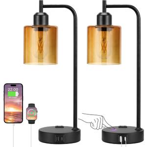 Industrial Touch Nightstand Lamps for Bedrooms Set of 2 - 3-Way Dimmable Table Lamps with USB C+A Ports and Outlet, Bedside Lamps with Amber Glass Shade for Living Room, Desk Lamps for Home Office