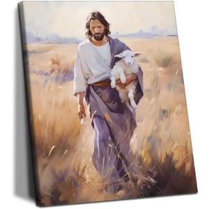 Yaneiro Christian Canvas Wall Art Jesus and Lamb Print Posters Painting Wall Decor Jesus Wall Art for Living Room, Bedroom, Prayer Room or Office, Framed 12x16 inch Set of 2 (12x16in, Jesus Canvas)
