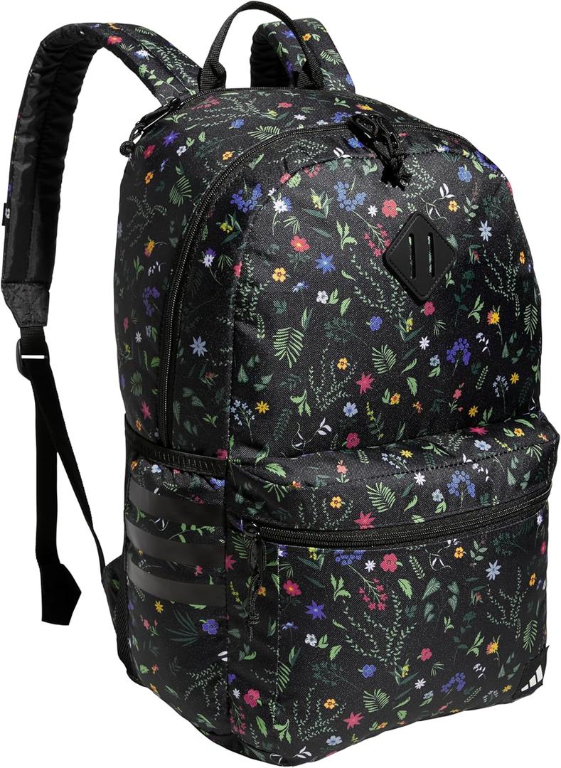 adidas 3-Stripe Classic Backpack for Men and Women, Bag with Laptop Sleeve, Meadow Floral Black/Black/White/5.0, One Size