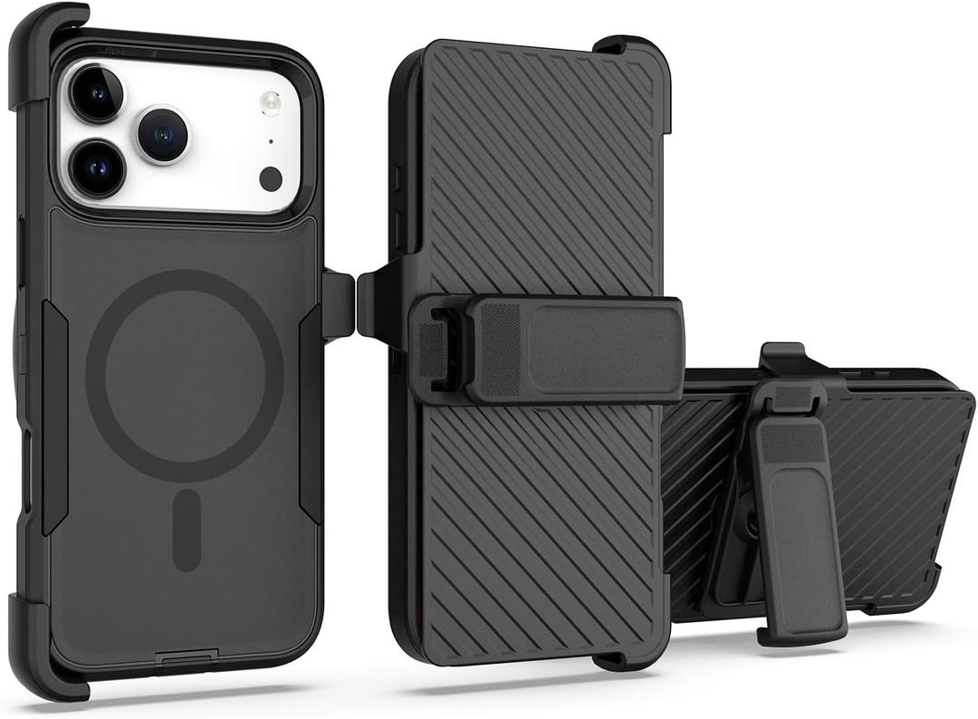 Designed for iPhone 17 Pro Max Case,Magnetic,Double Protection,Tough Durable,Compatible with MagSafe,Detachable Back Clip,Dustproof,No Fading,No Yellowing,Non-Slip,for Men Women, Black Black