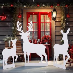 3 Pieces Large Christmas Deer Outdoor Decorations 23-45'' 2D PVC Reindeer Family Silhouette Set White Reindeer Christmas Yard Decoration for Outside Lawn Garden Xmas Holiday Party Decor