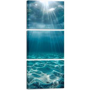 VANSEEING 3 Pieces Ocean Wall Art Blue Sea Underwater Pictures Landscape Teal Coastal Wall Decor for Bathroom Bedroom Living Room 12"x16"x3